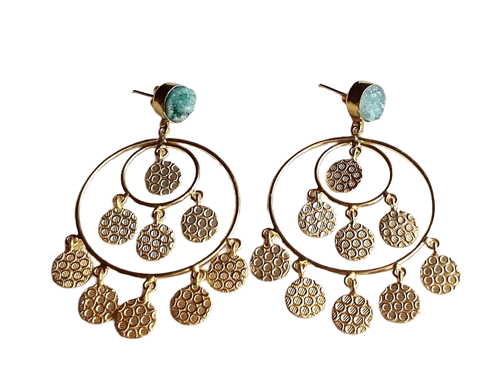 Charming Gold Plated Light Green Druzy Circular Designer Dangle Drop Earrings