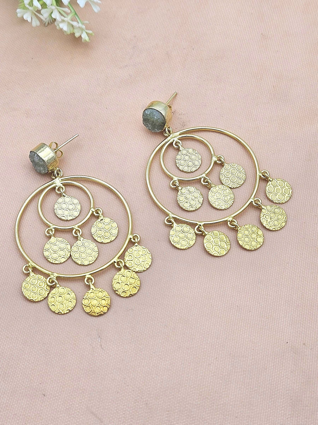 Charming Gold Plated Light Green Druzy Circular Designer Dangle Drop Earrings