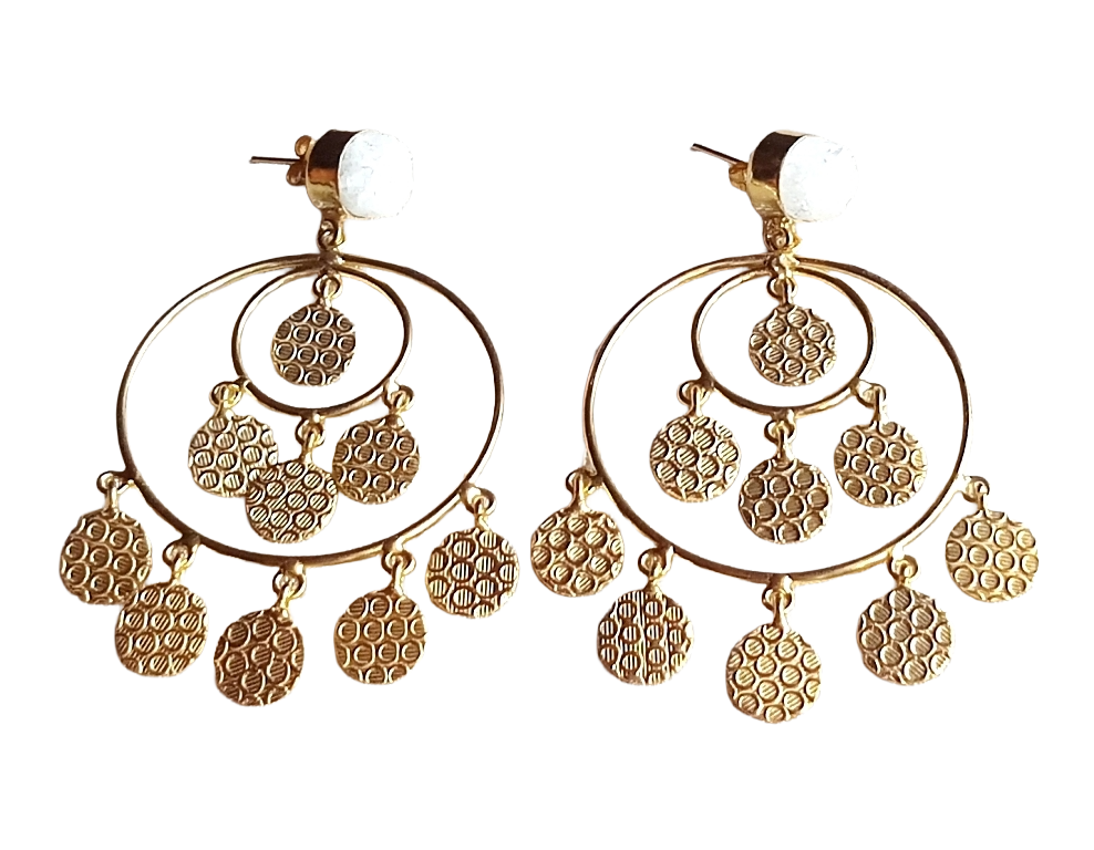 Charming Gold Plated White Druzy Circular Designer Dangle Drop Earrings