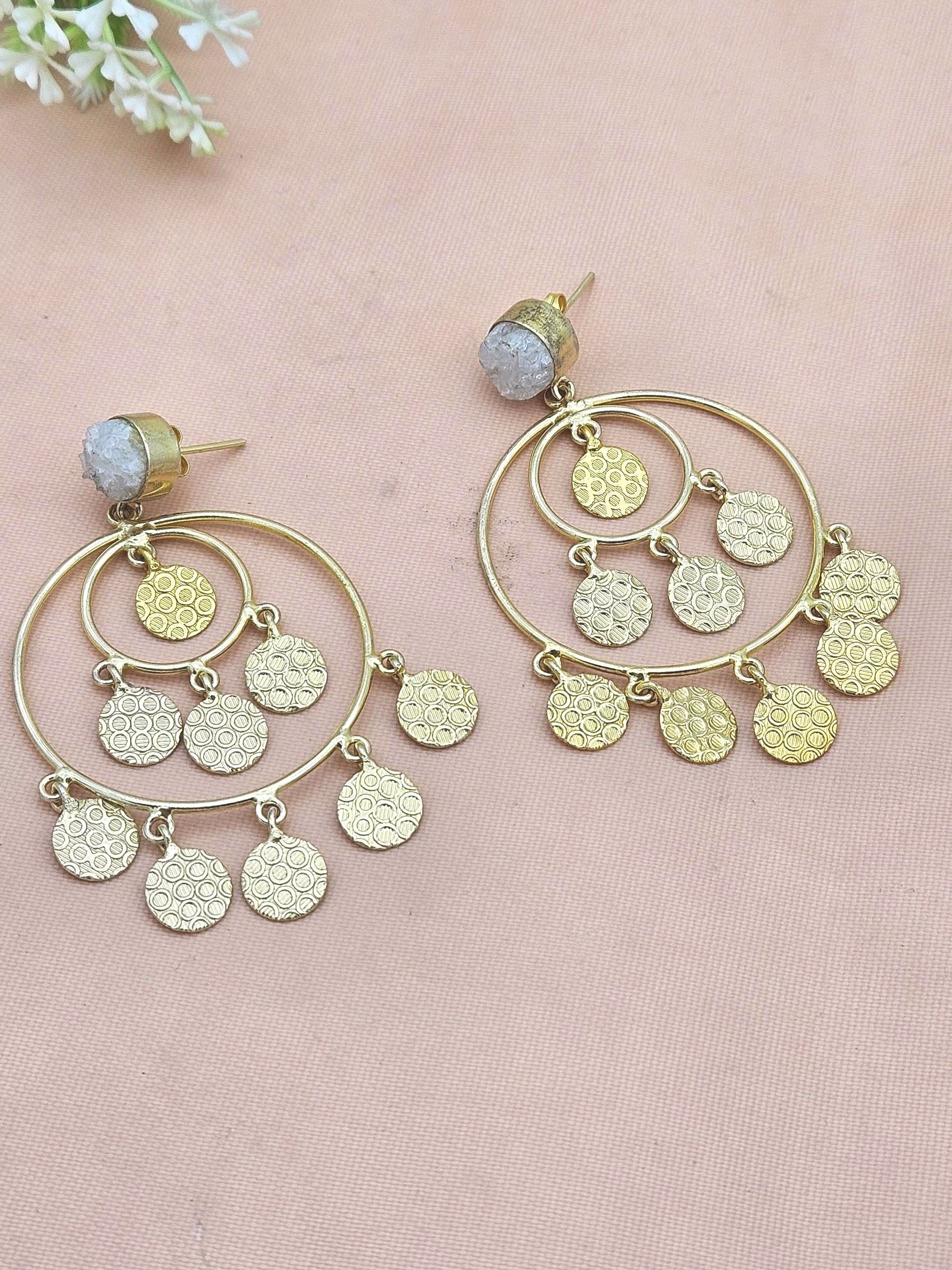 Charming Gold Plated White Druzy Circular Designer Dangle Drop Earrings