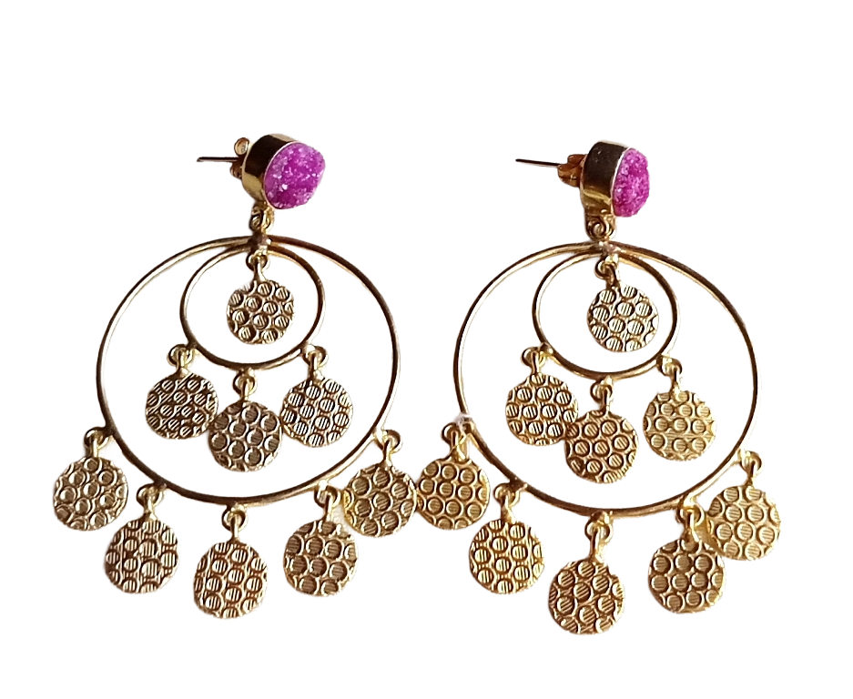 Charming Gold Plated Magenta Druzy Circular Designer Dangle Drop Earrings