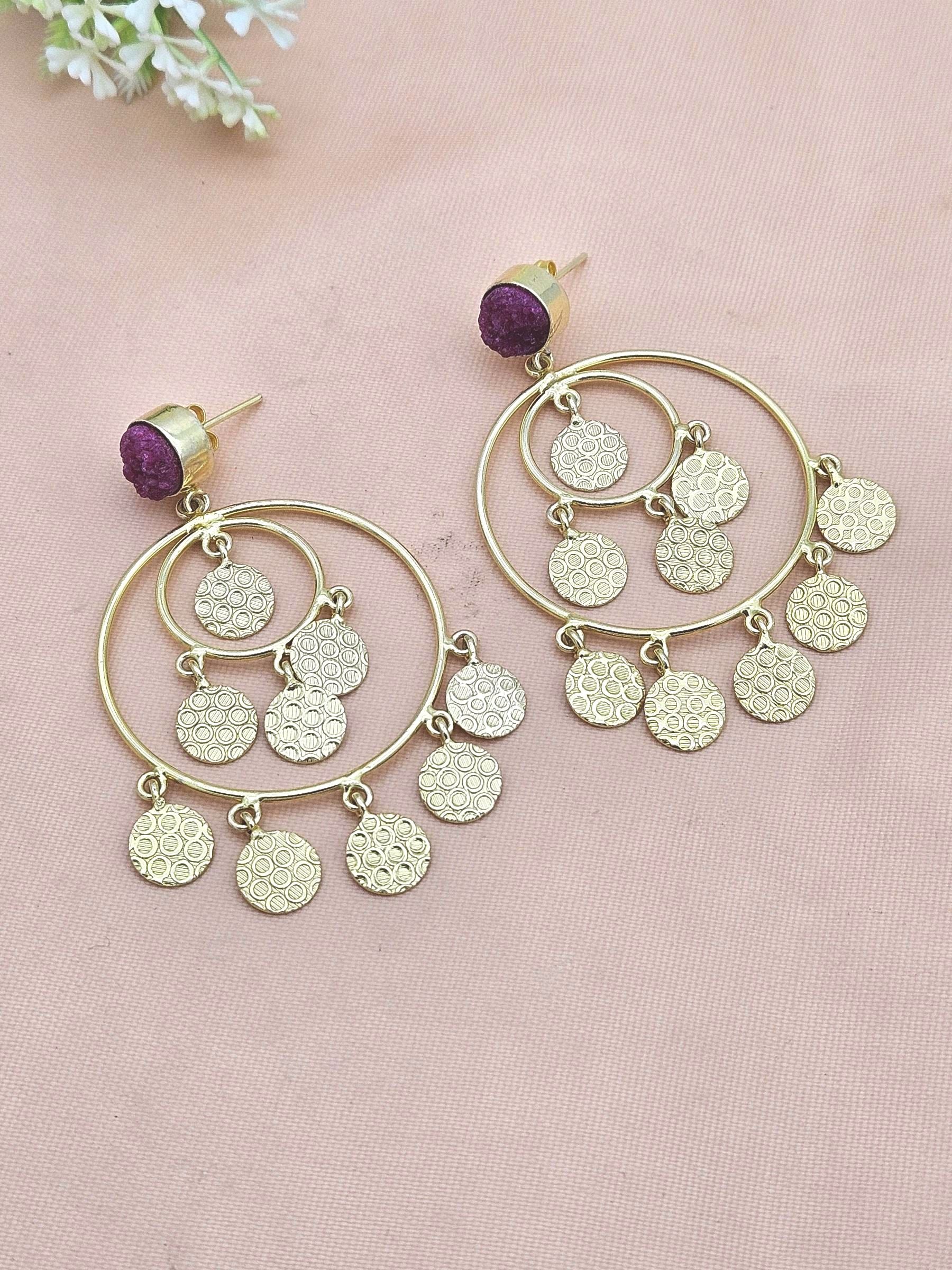 Charming Gold Plated Magenta Druzy Circular Designer Dangle Drop Earrings