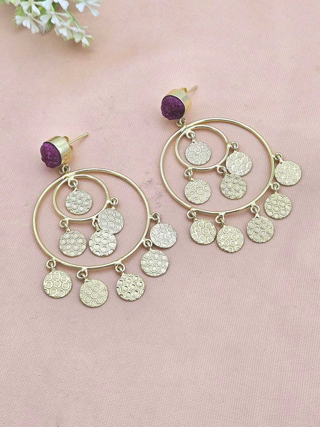 Charming Gold Plated Magenta Druzy Circular Designer Dangle Drop Earrings