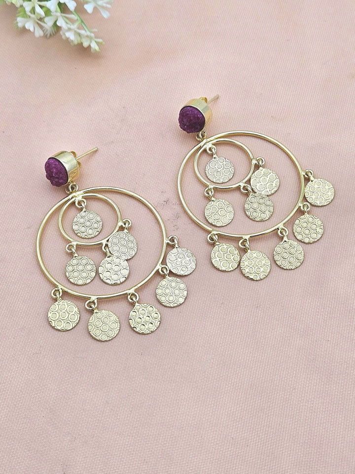 Charming Gold Plated Magenta Druzy Circular Designer Dangle Drop Earrings