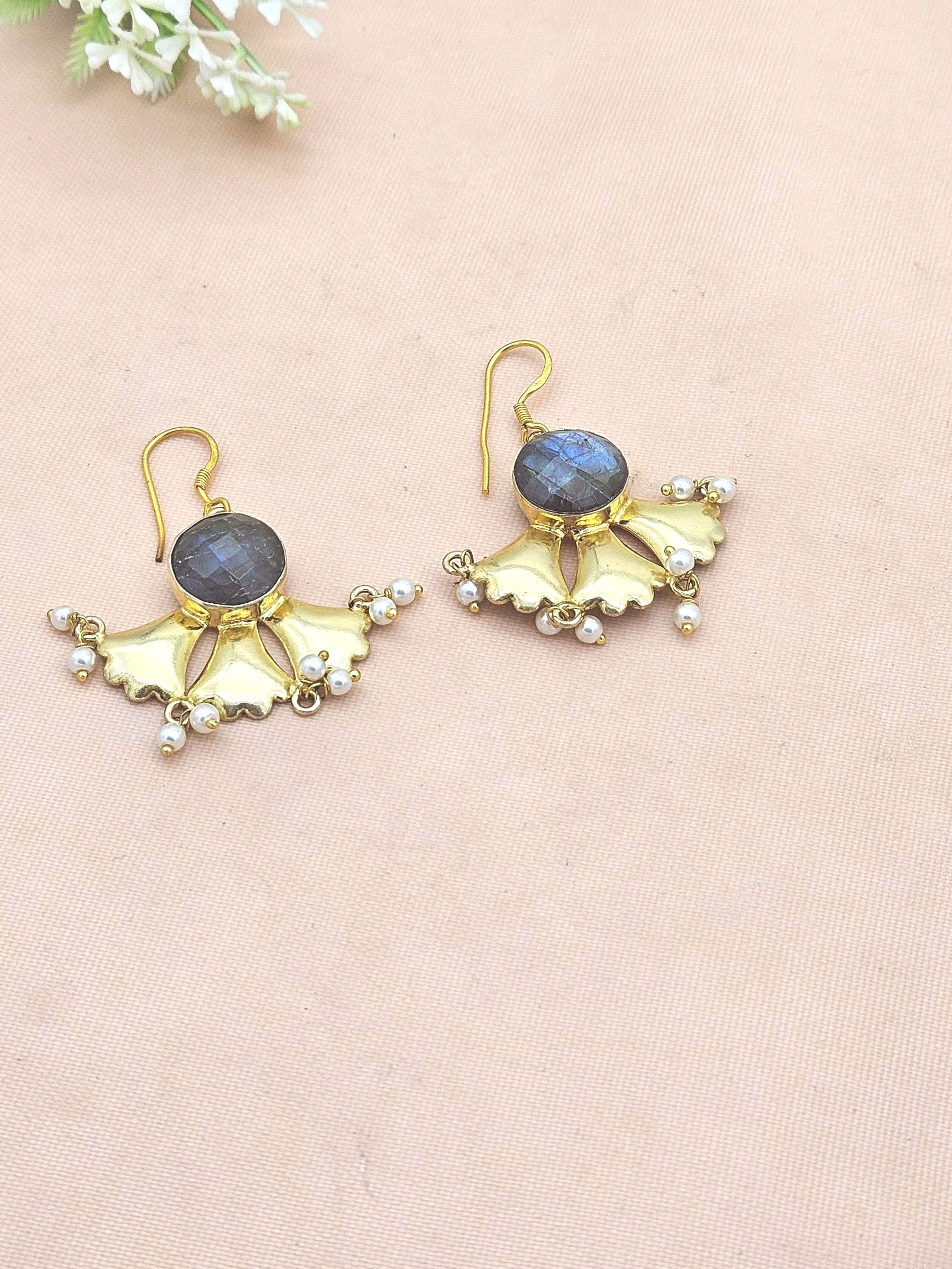 Charming Gold Plated Labradorite stone Floral Designer Light Weight Dangle Drop Earrings