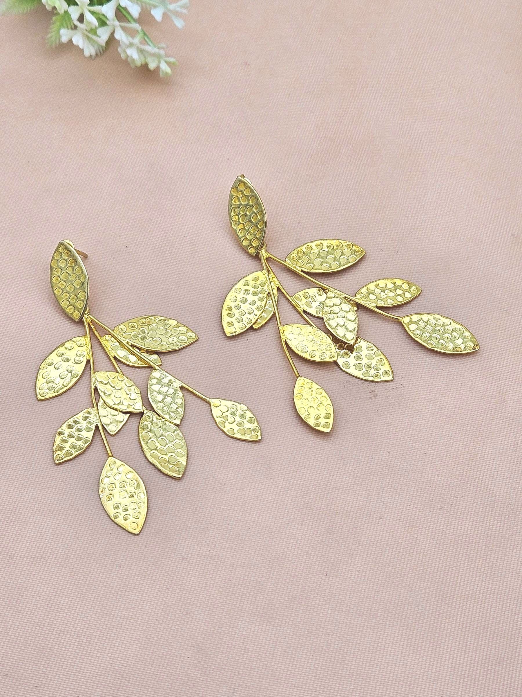 Attractive Gold Plated Hammered Tree-Leaf Designer Light Weight Dangle Drop Earrings