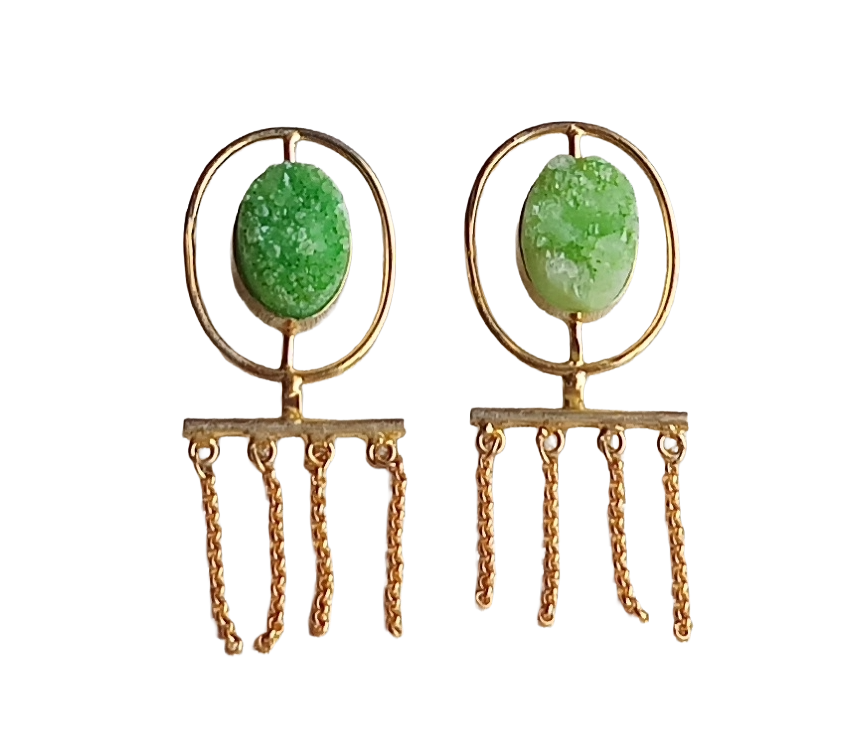 Charming Gold Plated Green Druzy stone Hanging Chain Designer Light Weight Dangle Drop Earrings