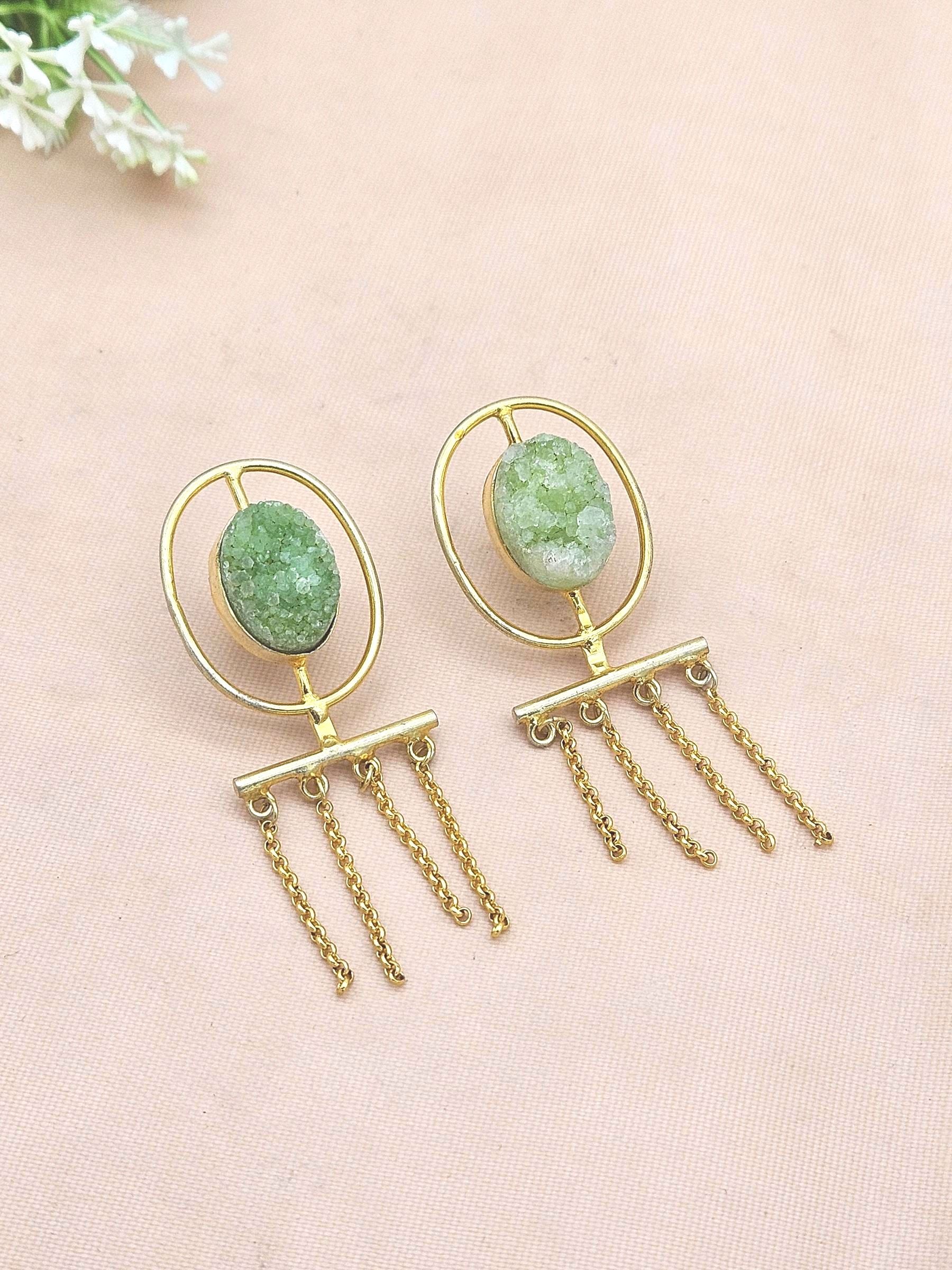 Charming Gold Plated Green Druzy stone Hanging Chain Designer Light Weight Dangle Drop Earrings