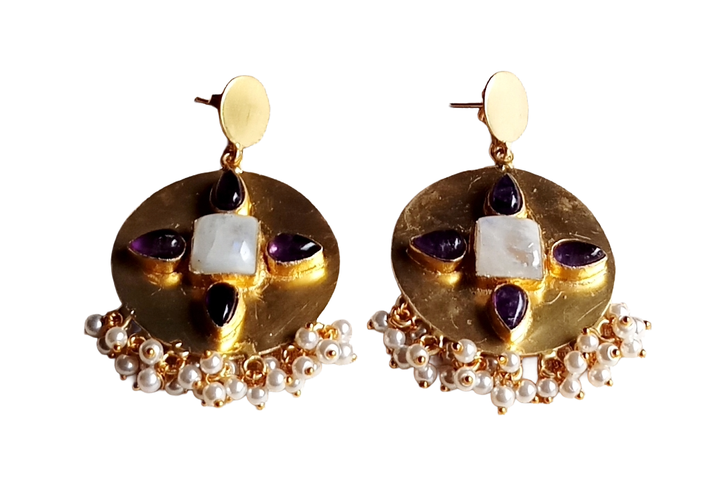 Charming Gold Plated White Rainbow Amethyst Pearl Designer Light Weight Dangle Drop Earrings