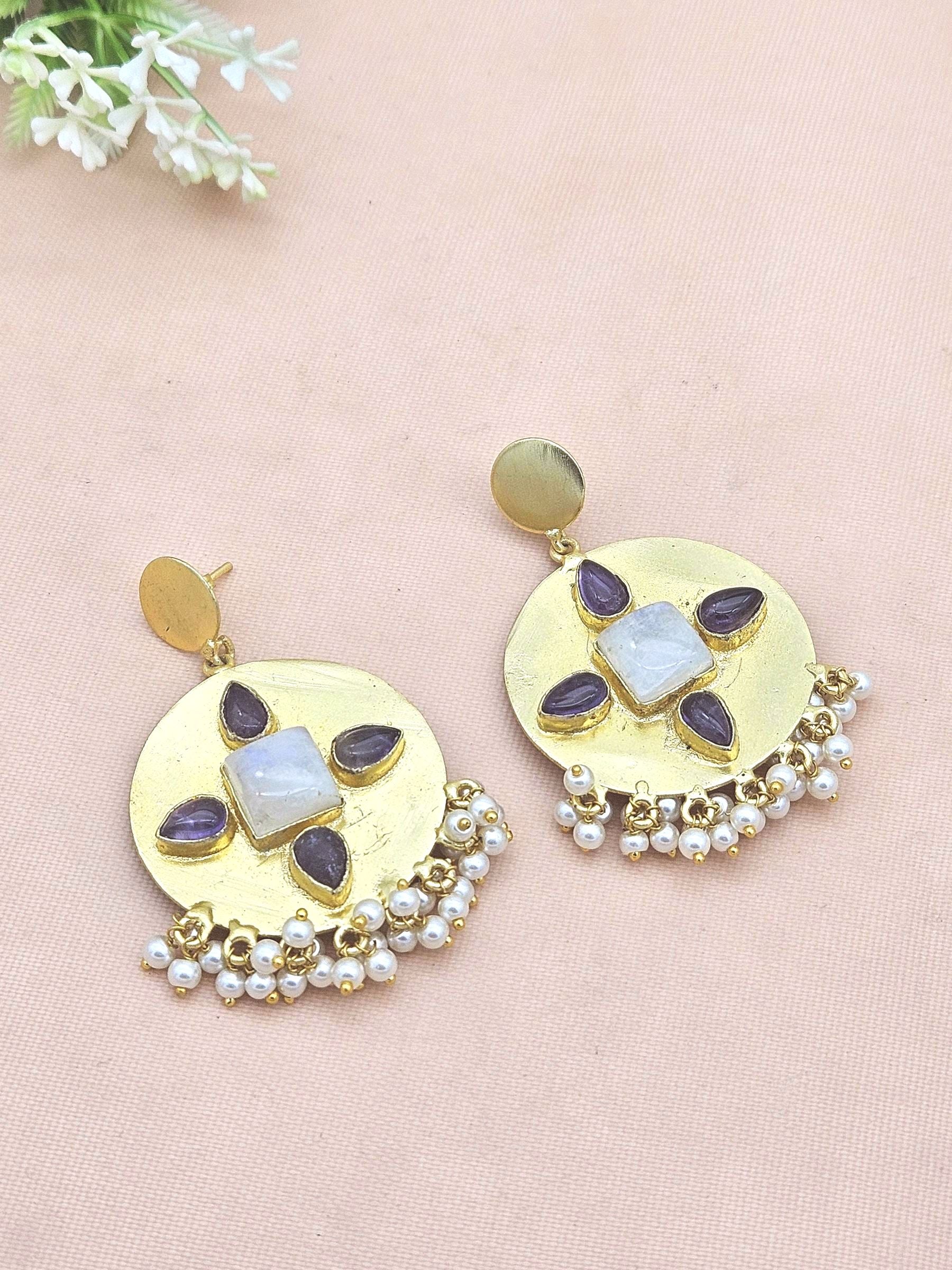 Charming Gold Plated White Rainbow Amethyst Pearl Designer Light Weight Dangle Drop Earrings