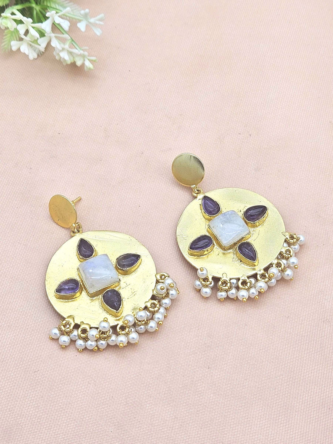 Charming Gold Plated White Rainbow Amethyst Pearl Designer Light Weight Dangle Drop Earrings