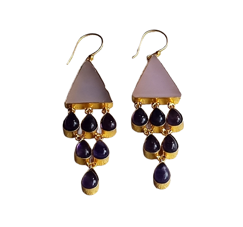 Amazing Gold Plated Rose Quartz-Amethyst Triangle Designer Charming Dangle Drop Earrings
