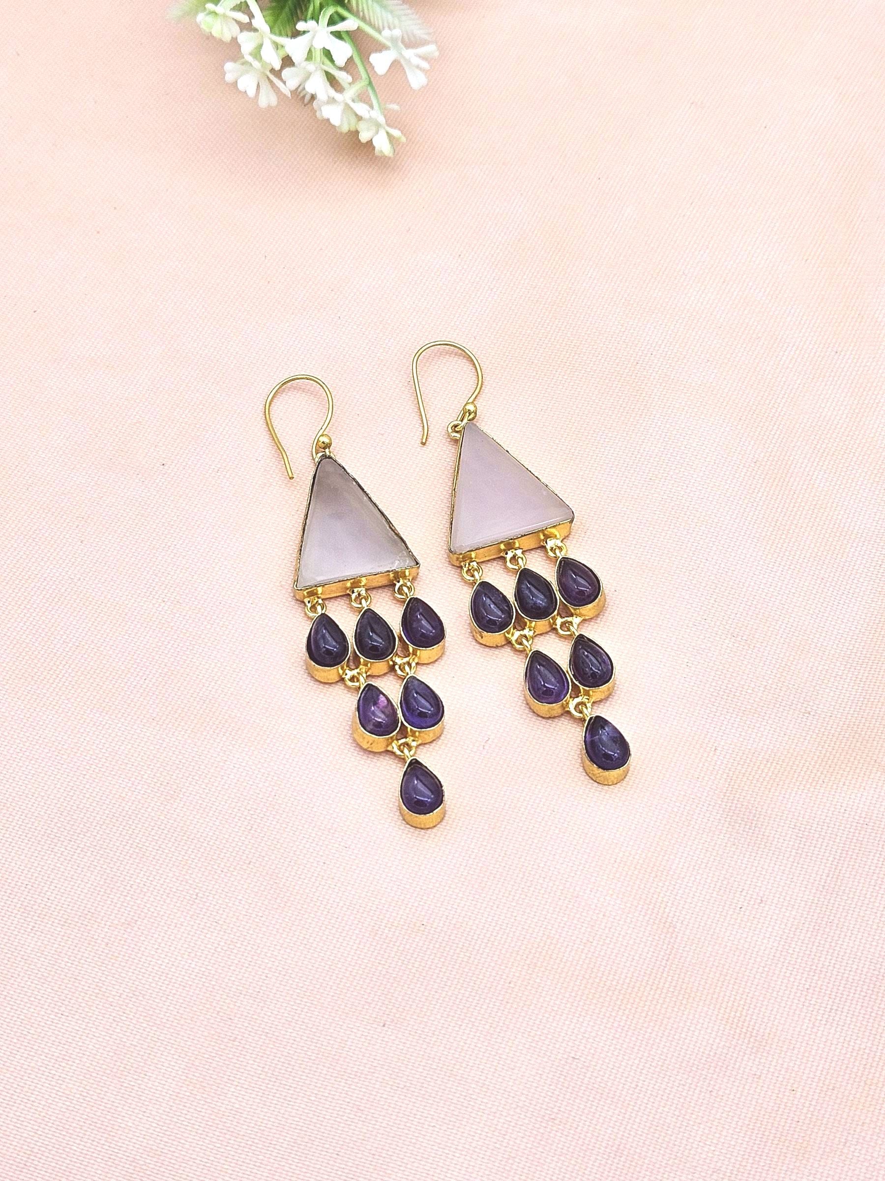 Amazing Gold Plated Rose Quartz-Amethyst Triangle Designer Charming Dangle Drop Earrings