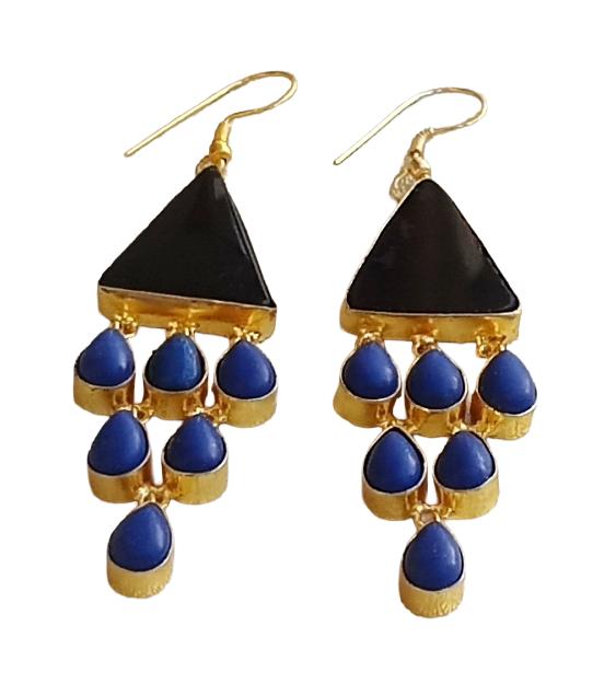 Amazing Gold Plated Black Onyx-Lapis Triangle Designer Charming Dangle Drop Earrings