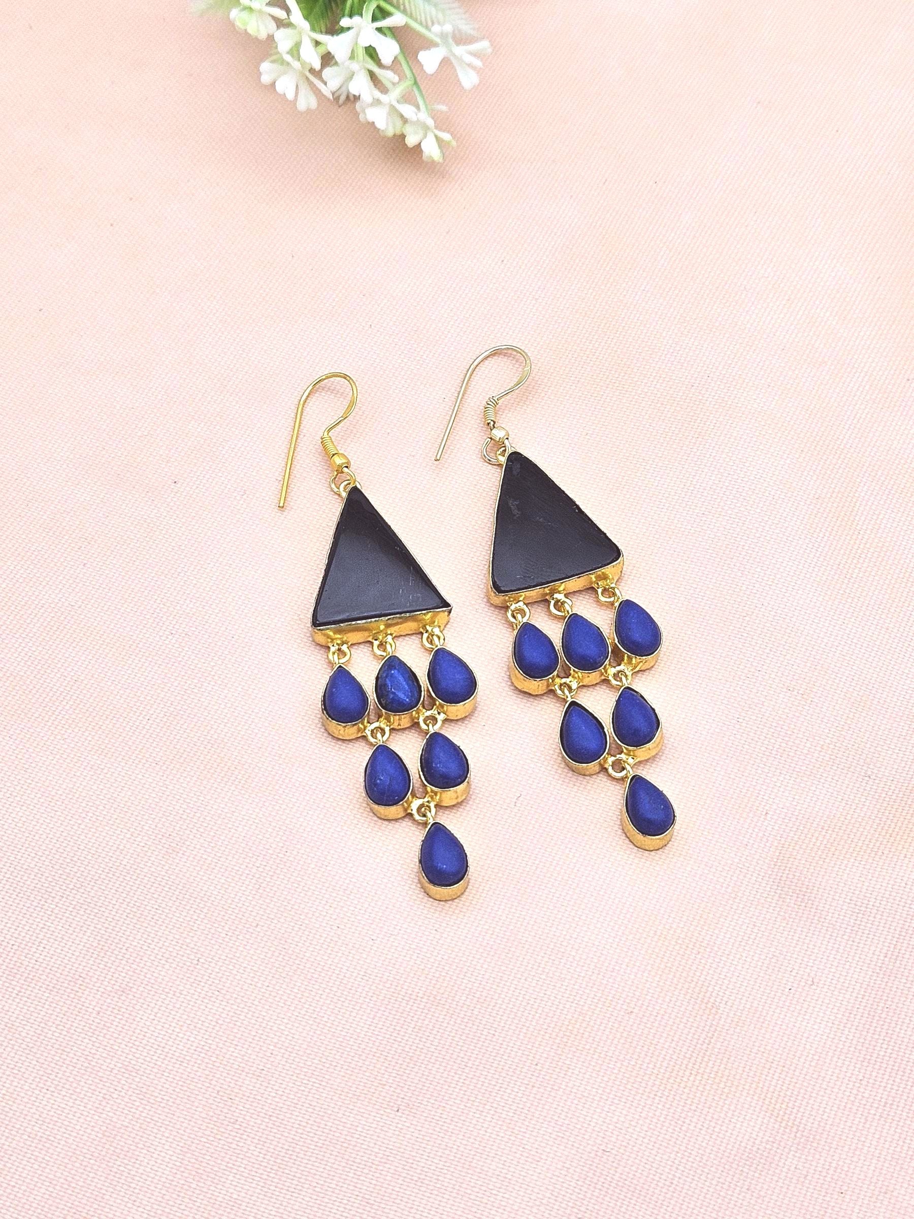Amazing Gold Plated Black Onyx-Lapis Triangle Designer Charming Dangle Drop Earrings