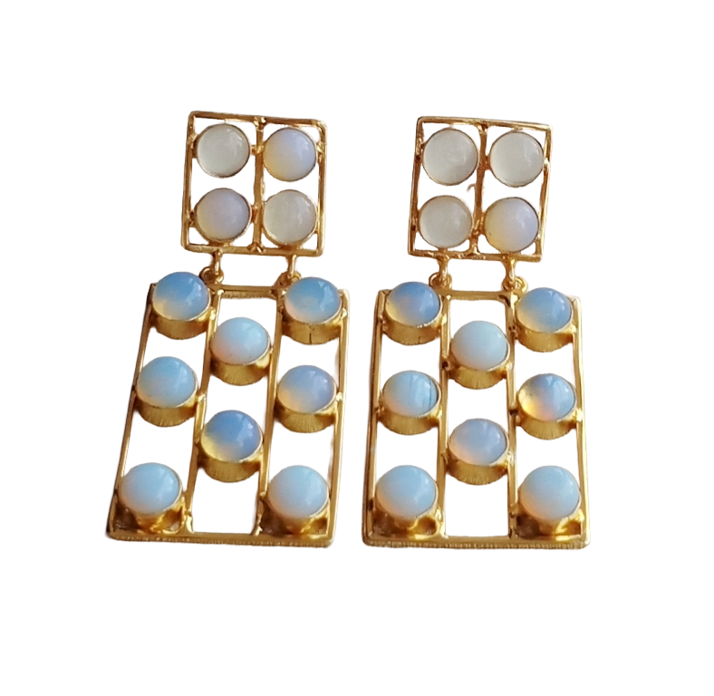 Stunning Gold Plated Synthetic Opal Rectangular Designer Dangle Drop Earrings