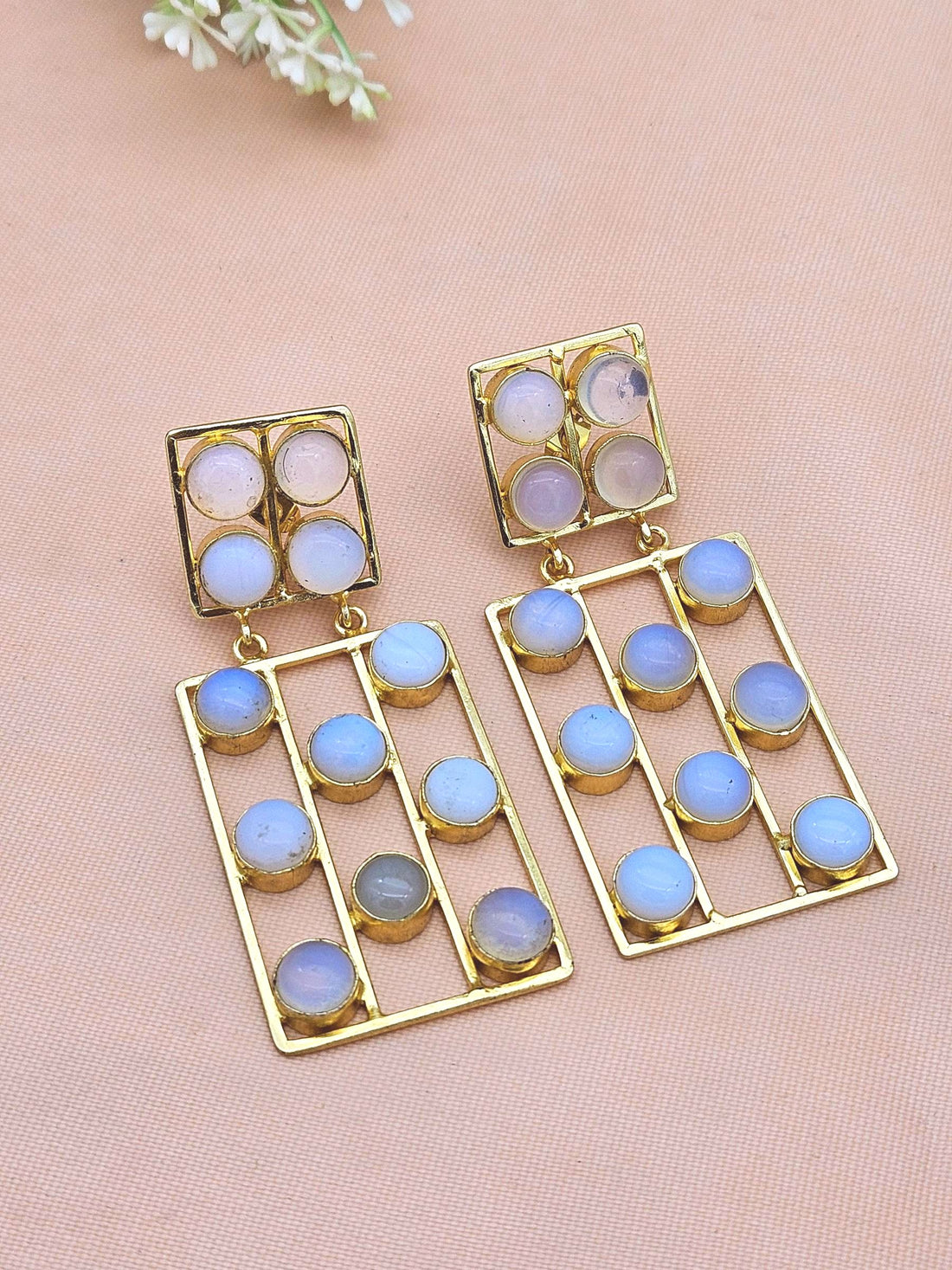 Stunning Gold Plated Synthetic Opal Rectangular Designer Dangle Drop Earrings