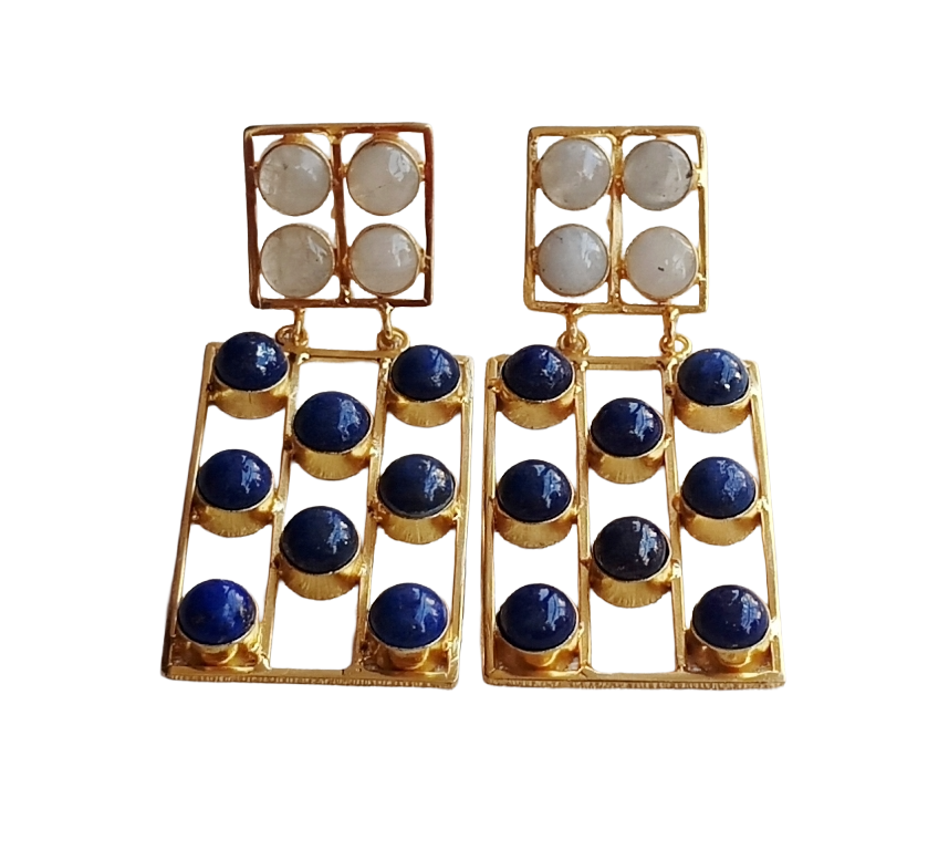 Stunning Gold Plated White Rainbow Lapis Rectangular Designer Dangle Drop Earrings