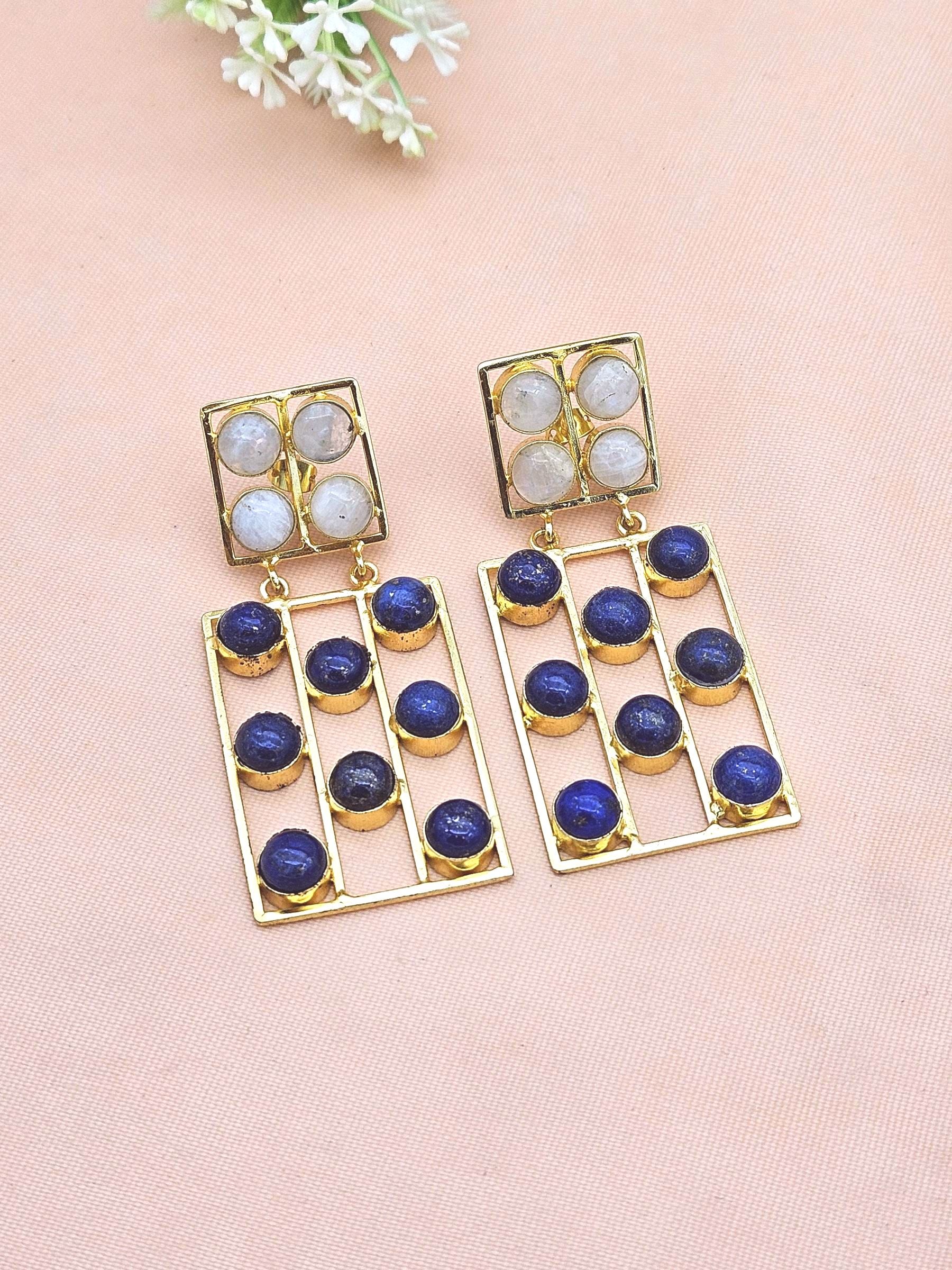 Stunning Gold Plated White Rainbow Lapis Rectangular Designer Dangle Drop Earrings