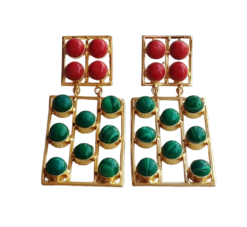 Stunning Gold Plated Synthetic Malachite-Red Glass Rectangular Designer Dangle Drop Earrings
