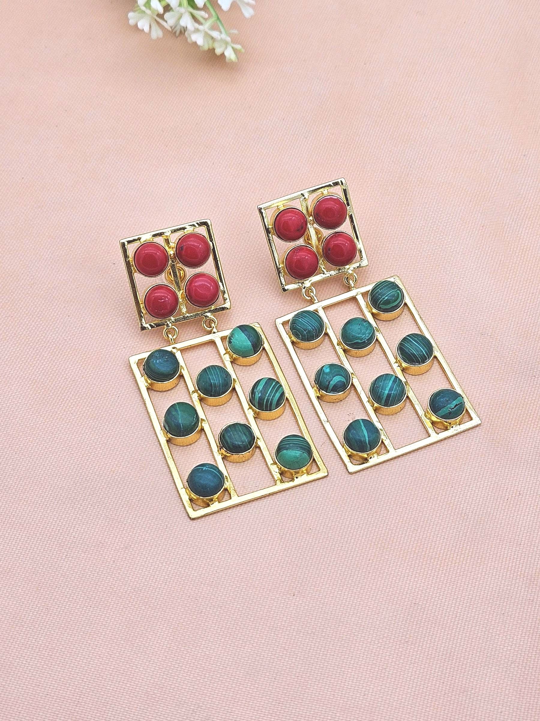 Stunning Gold Plated Synthetic Malachite-Red Glass Rectangular Designer Dangle Drop Earrings