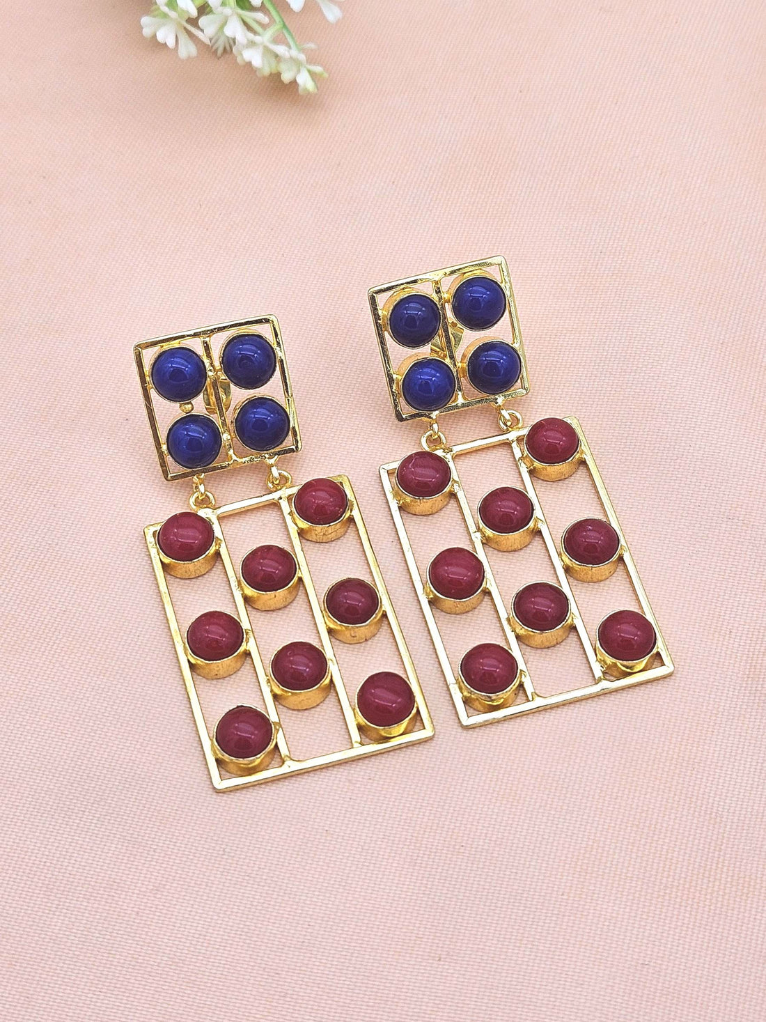 Stunning Gold Plated Red & Blue Glass Rectangular Designer Dangle Drop Earrings