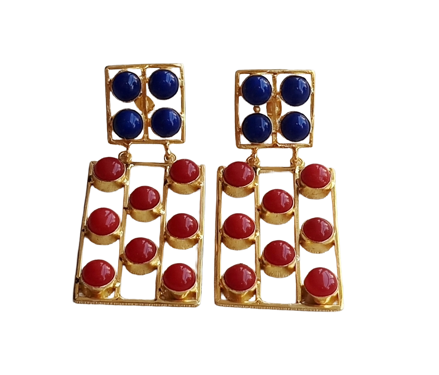 Stunning Gold Plated Red & Blue Glass Rectangular Designer Dangle Drop Earrings
