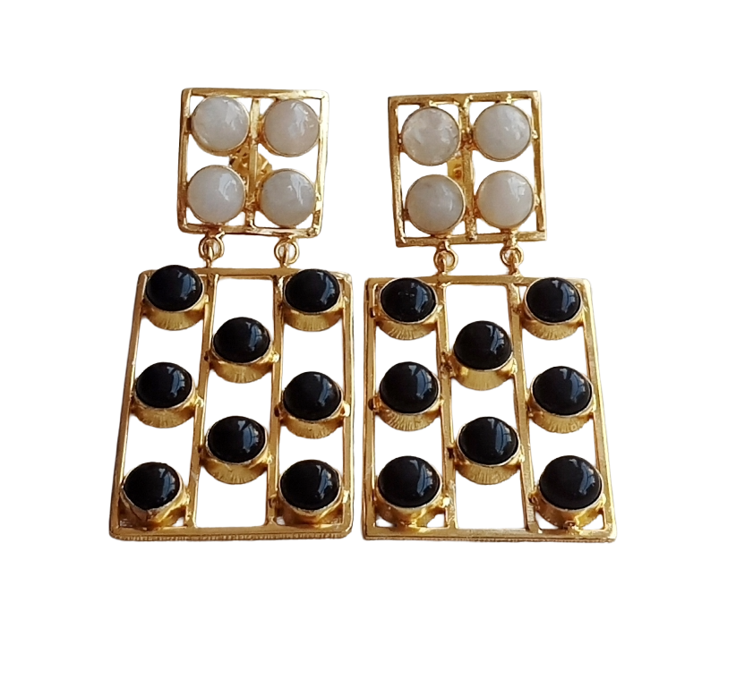Stunning Gold Plated White Rainbow-Black Onyx Rectangular Designer Dangle Drop Earrings