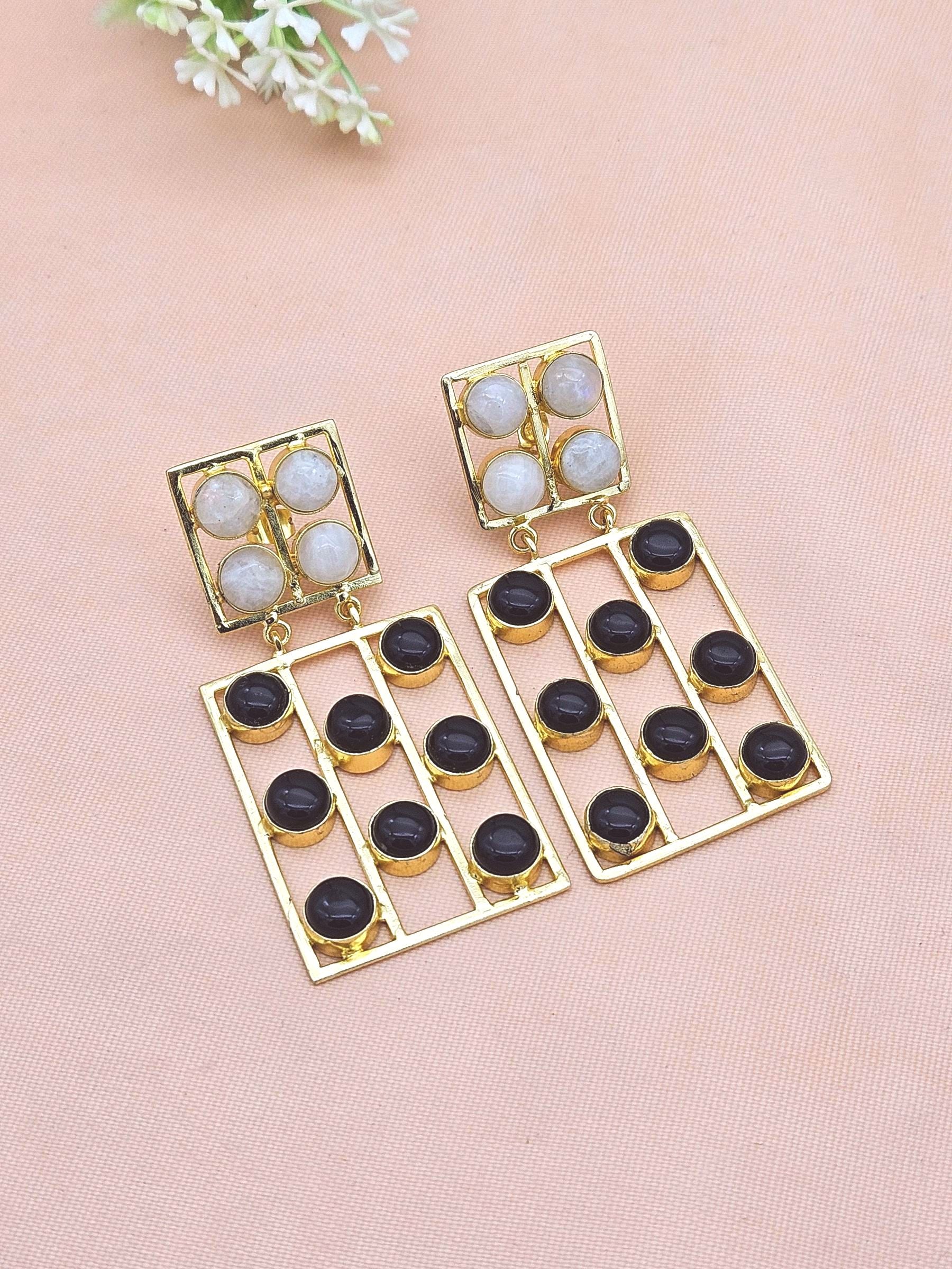 Stunning Gold Plated White Rainbow-Black Onyx Rectangular Designer Dangle Drop Earrings