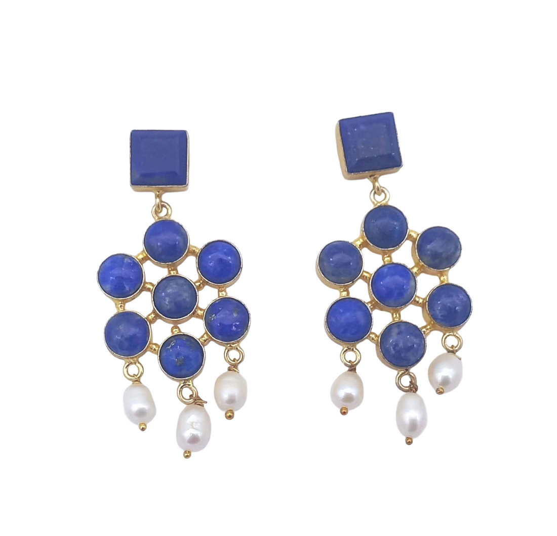 Amazing Gold Plated Lapis - Pearl Beads Stones Charming  Designer Dangle Drop Earrings