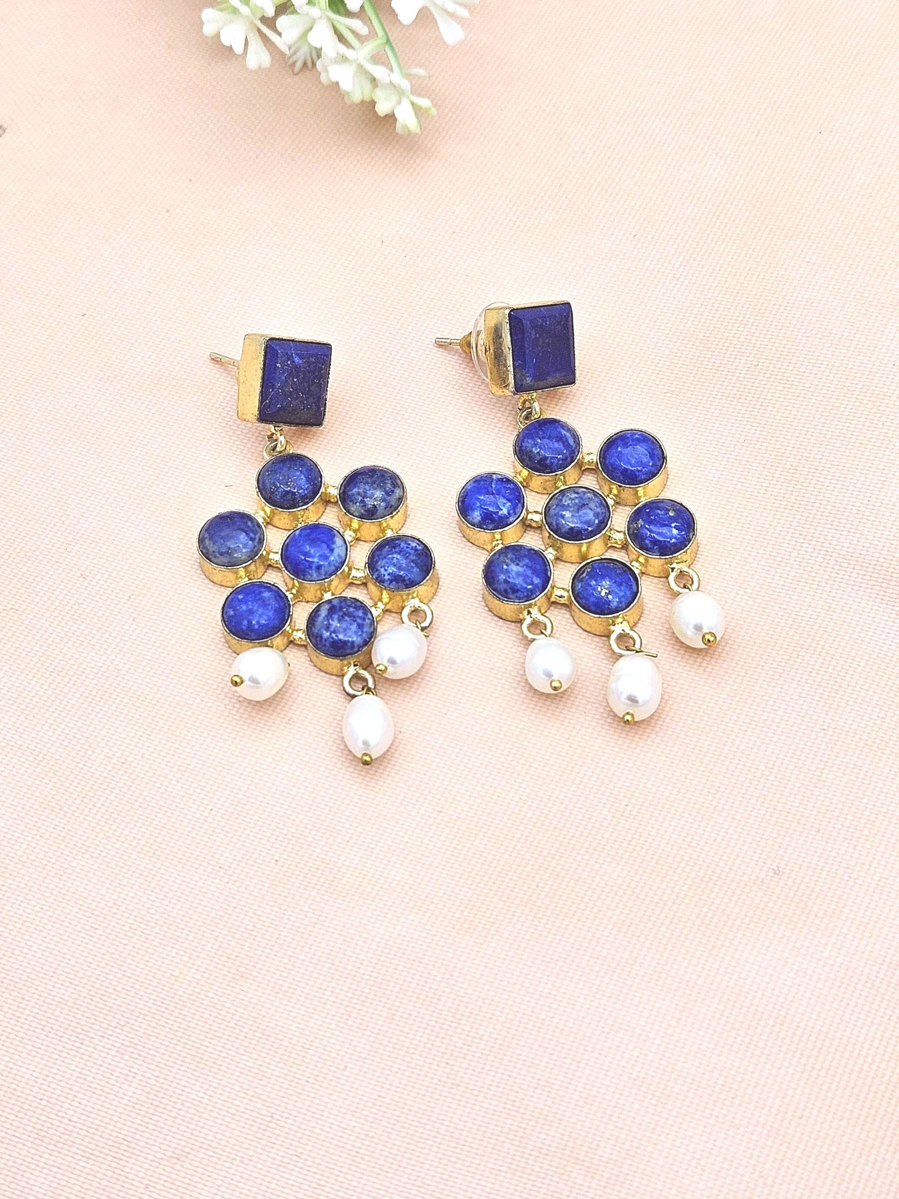 Amazing Gold Plated Lapis - Pearl Beads Stones Charming  Designer Dangle Drop Earrings
