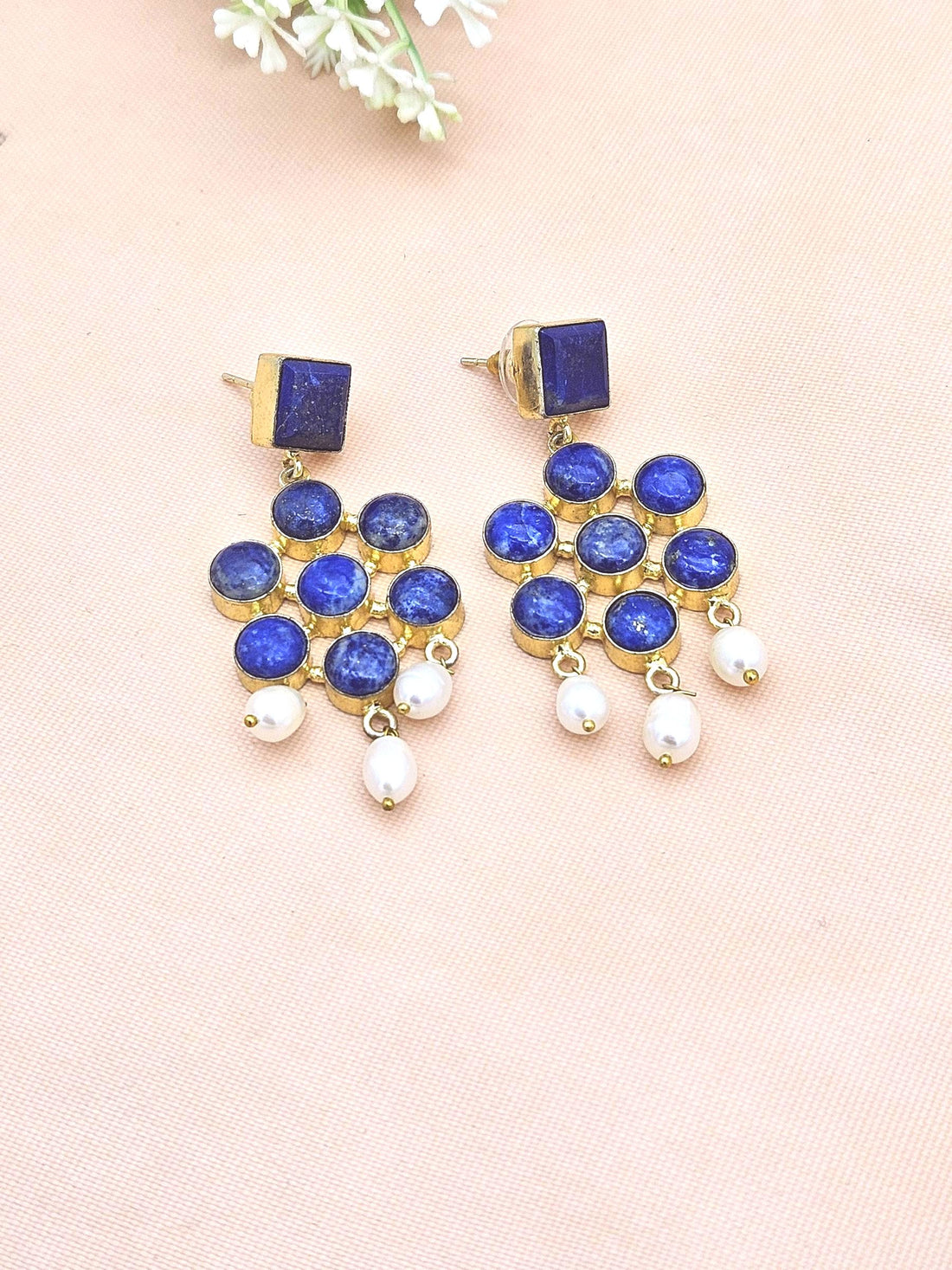 Amazing Gold Plated Lapis - Pearl Beads Stones Charming  Designer Dangle Drop Earrings