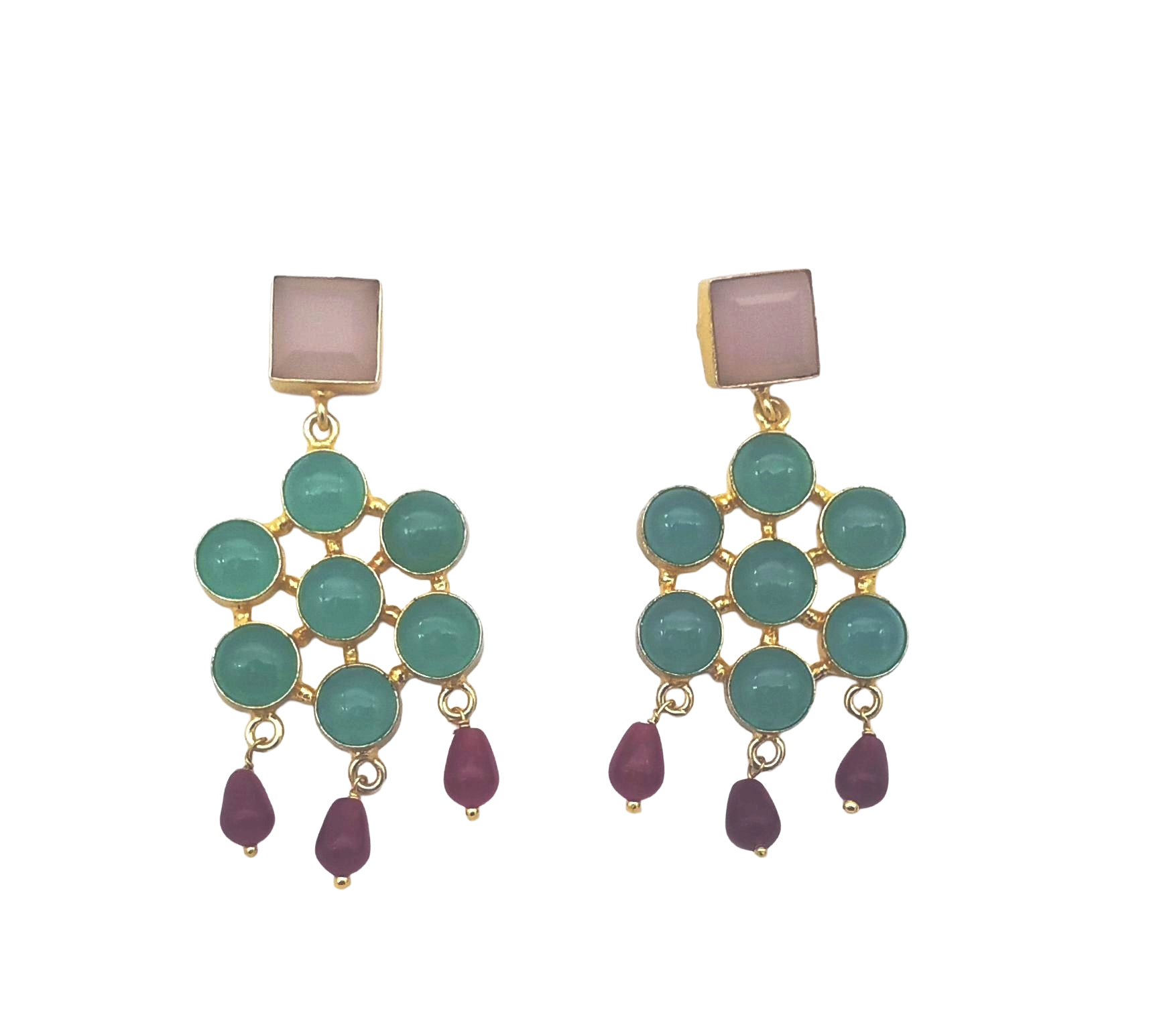 Amazing Gold Plated Aquamarine-Rose Quartz-Red Glass Beads Charming  Designer Dangle Drop Earrings