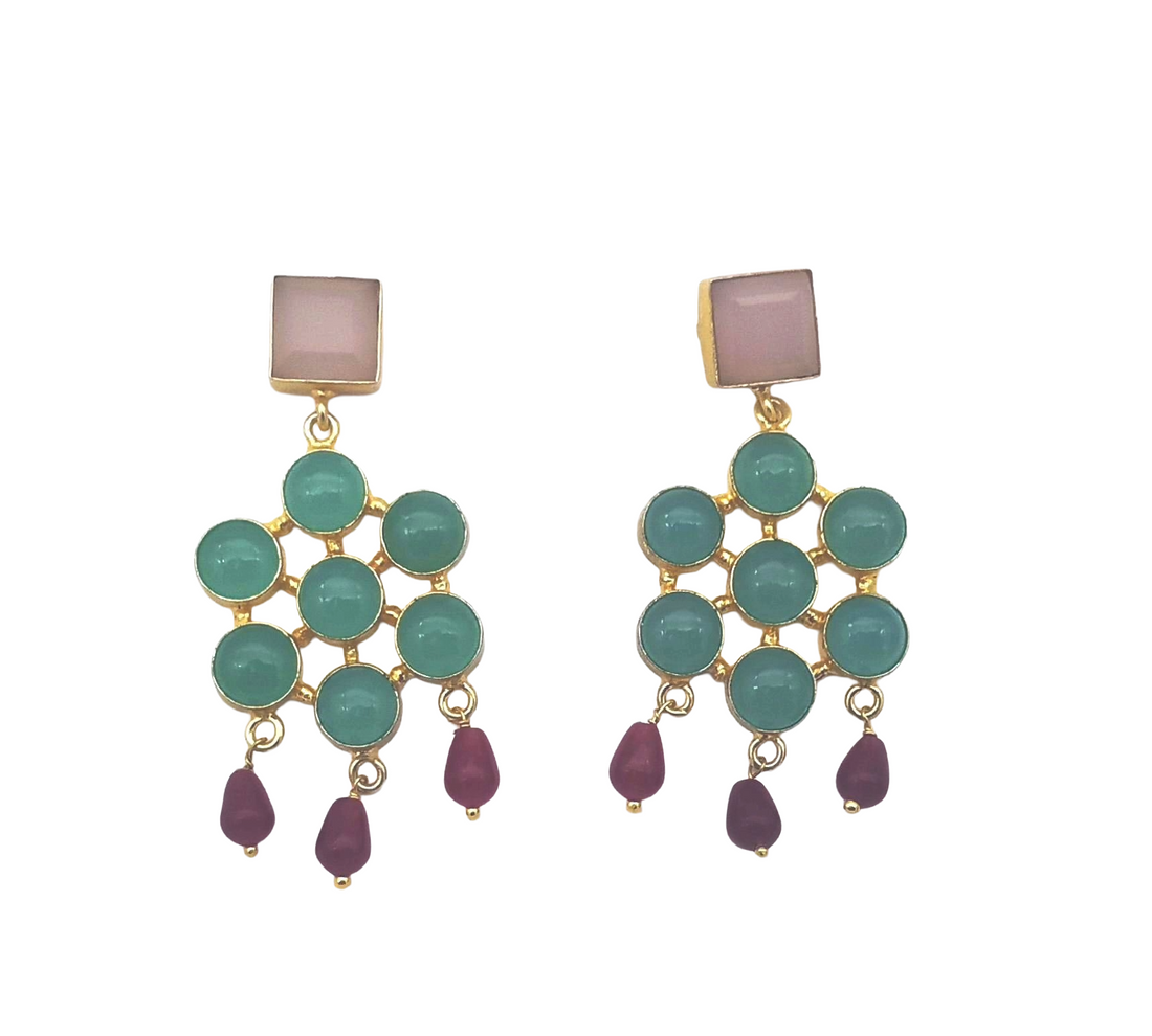 Amazing Gold Plated Aquamarine-Rose Quartz-Red Glass Beads Charming  Designer Dangle Drop Earrings