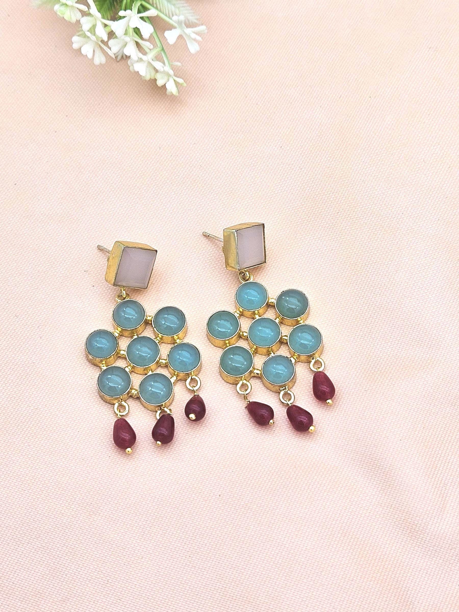 Amazing Gold Plated Aquamarine-Rose Quartz-Red Glass Beads Charming  Designer Dangle Drop Earrings