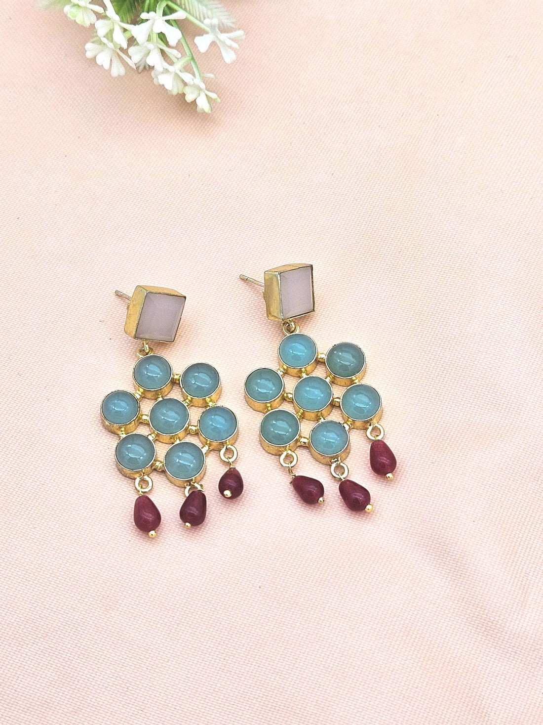Amazing Gold Plated Aquamarine-Rose Quartz-Red Glass Beads Charming  Designer Dangle Drop Earrings