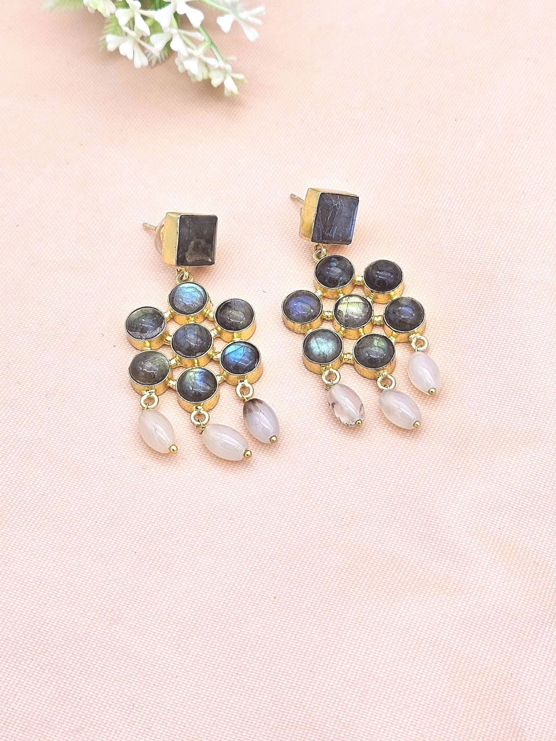 Amazing Gold Plated Labradorite-Glass Beads Charming  Designer Dangle Drop Earrings