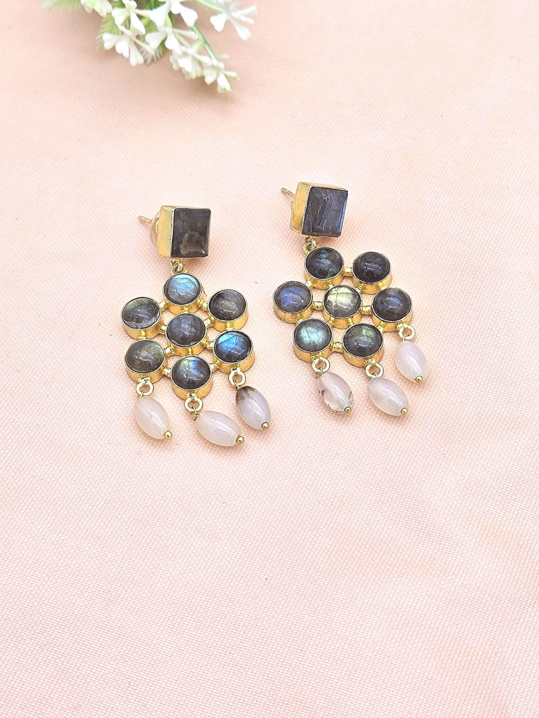 Amazing Gold Plated Labradorite-Glass Beads Charming  Designer Dangle Drop Earrings
