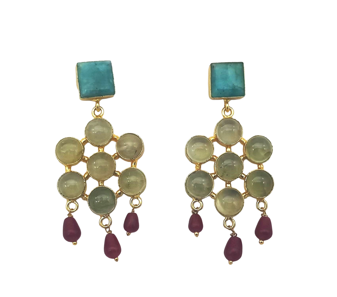 Amazing Gold Plated Prehnite-Amazonite-Red Glass Beads Stones Charming  Designer Dangle Drop Earrings