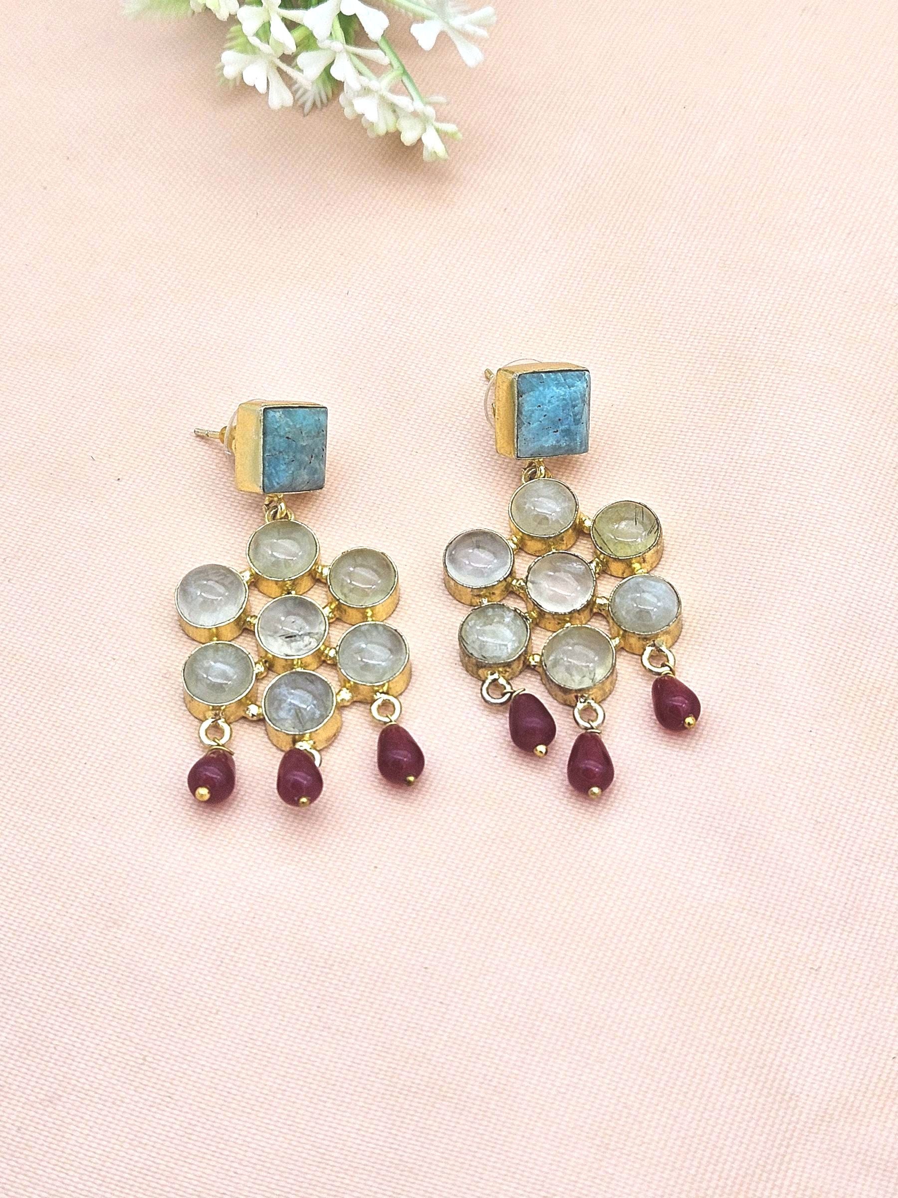 Amazing Gold Plated Prehnite-Amazonite-Red Glass Beads Stones Charming  Designer Dangle Drop Earrings