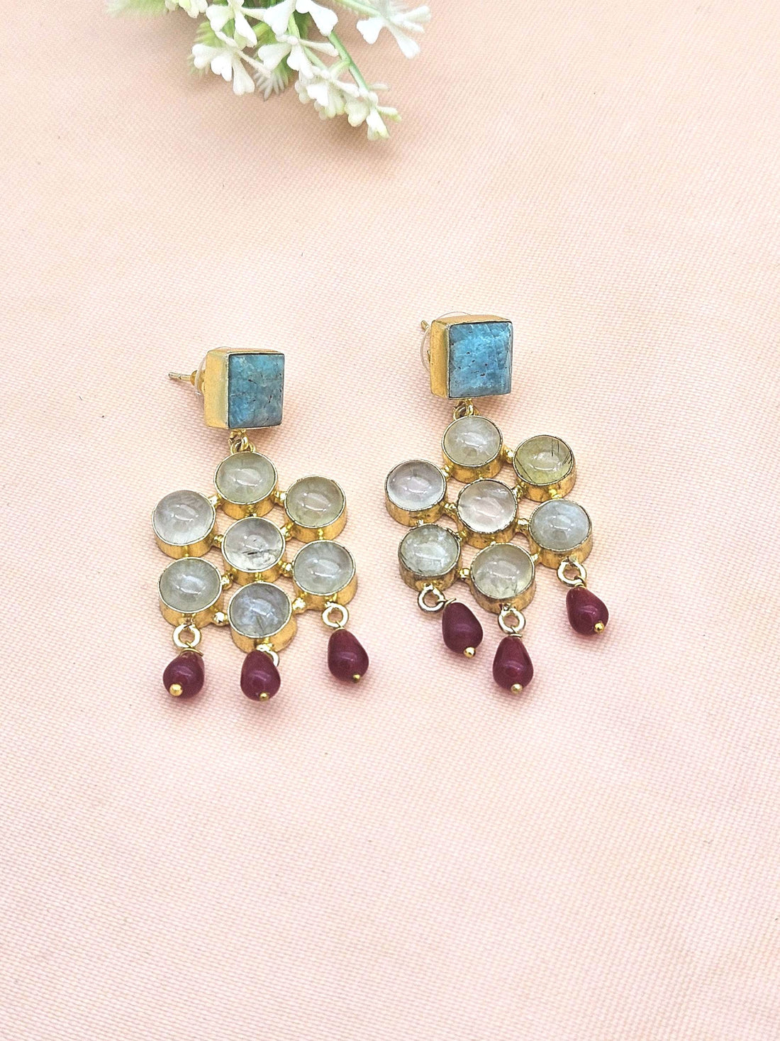Amazing Gold Plated Prehnite-Amazonite-Red Glass Beads Stones Charming  Designer Dangle Drop Earrings