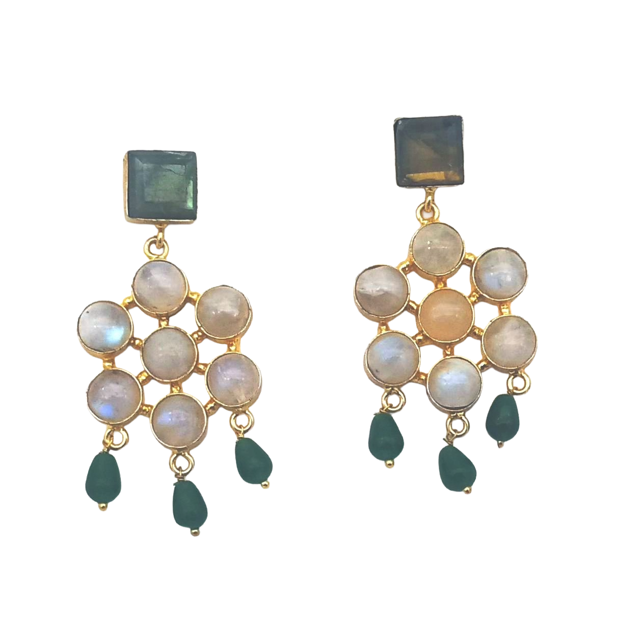 Amazing Gold Plated White Rainbow-Labradorite Green Glass Beads Stones Charming  Designer Dangle Drop Earrings