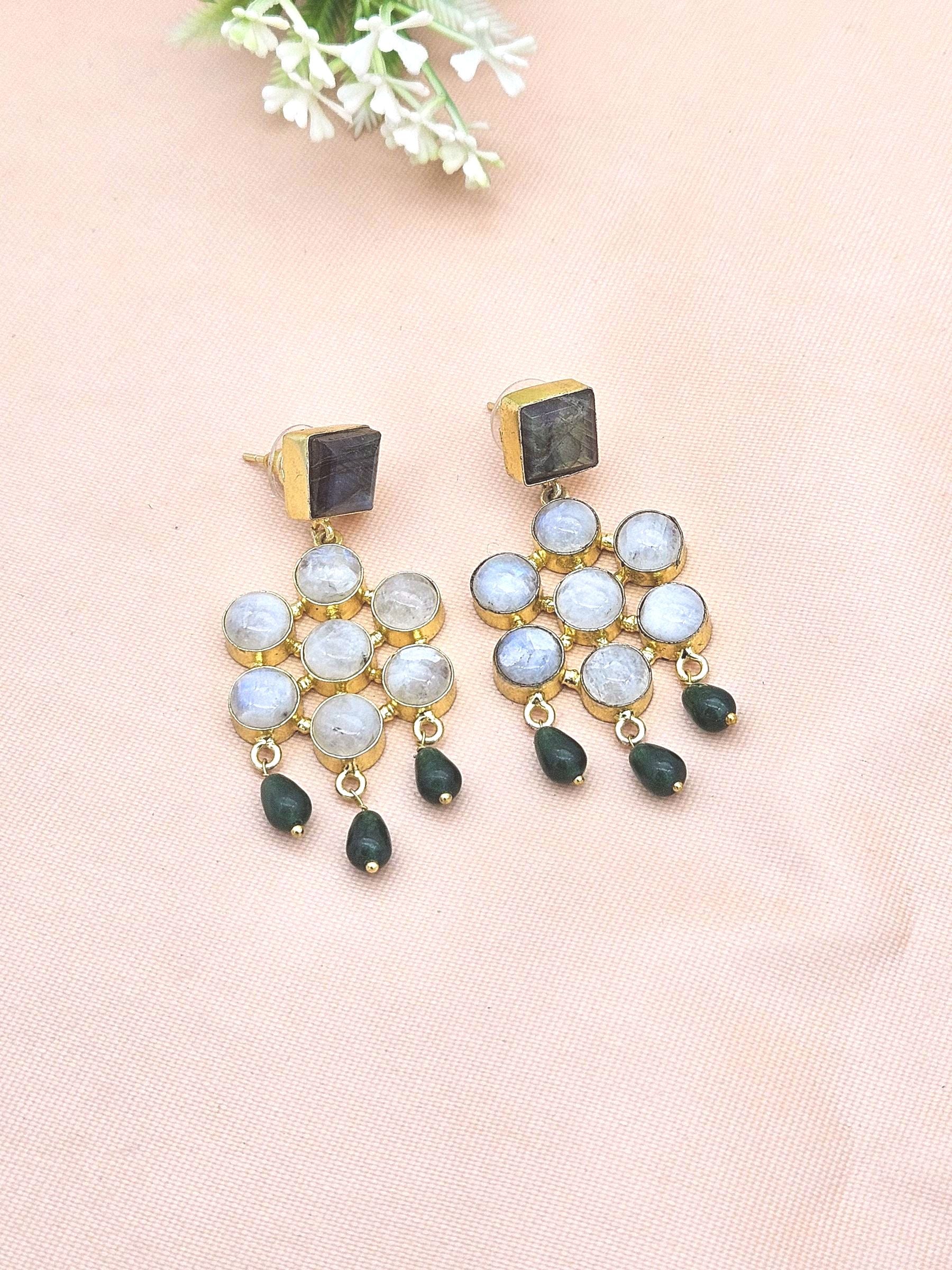 Amazing Gold Plated White Rainbow-Labradorite Green Glass Beads Stones Charming  Designer Dangle Drop Earrings