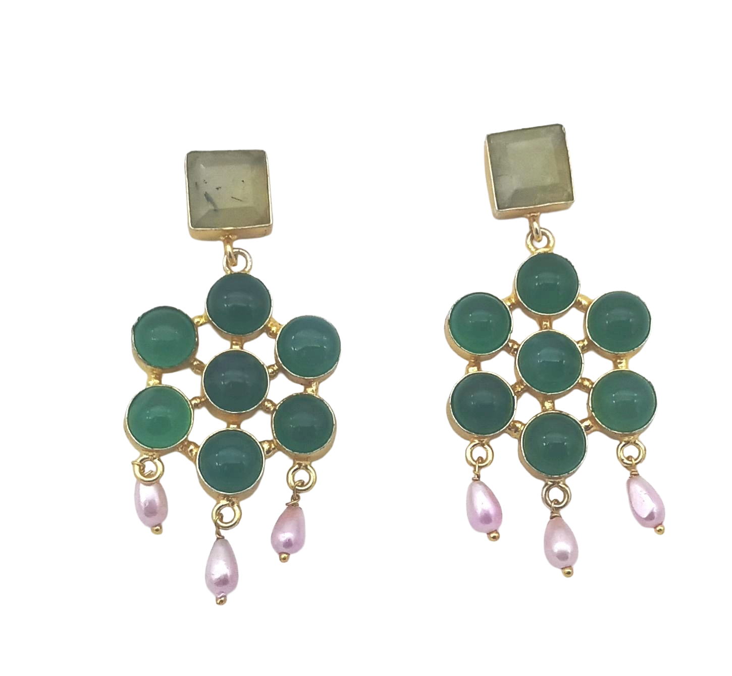 Amazing Gold Plated Green Onyx-Prehnite-Pearl Charming  Designer Dangle Drop Earrings