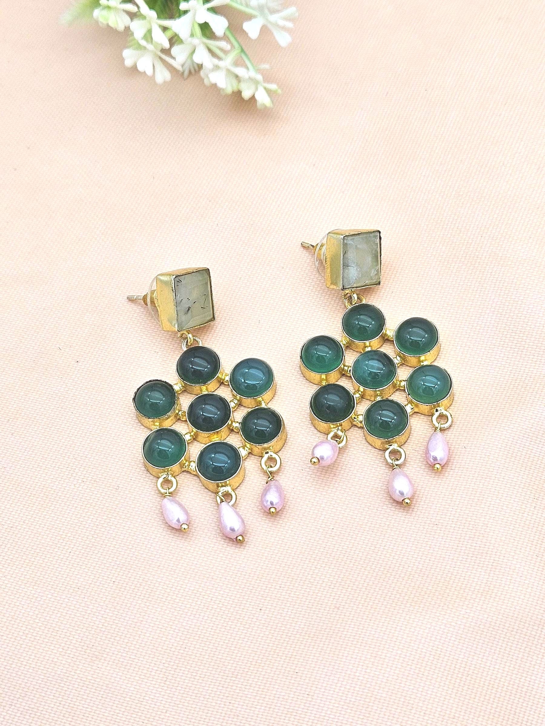 Amazing Gold Plated Green Onyx-Prehnite-Pearl Charming  Designer Dangle Drop Earrings