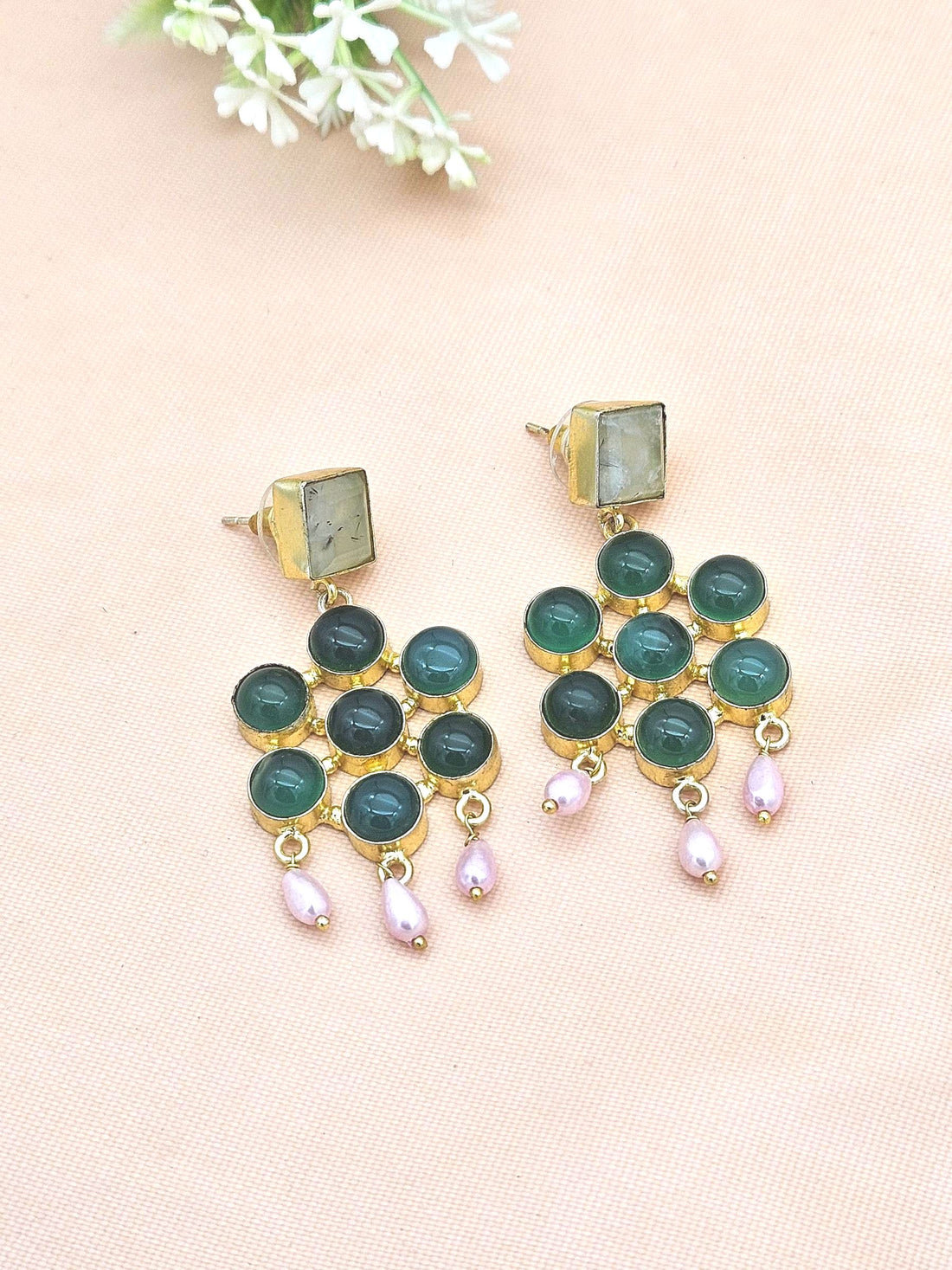 Amazing Gold Plated Green Onyx-Prehnite-Pearl Charming  Designer Dangle Drop Earrings
