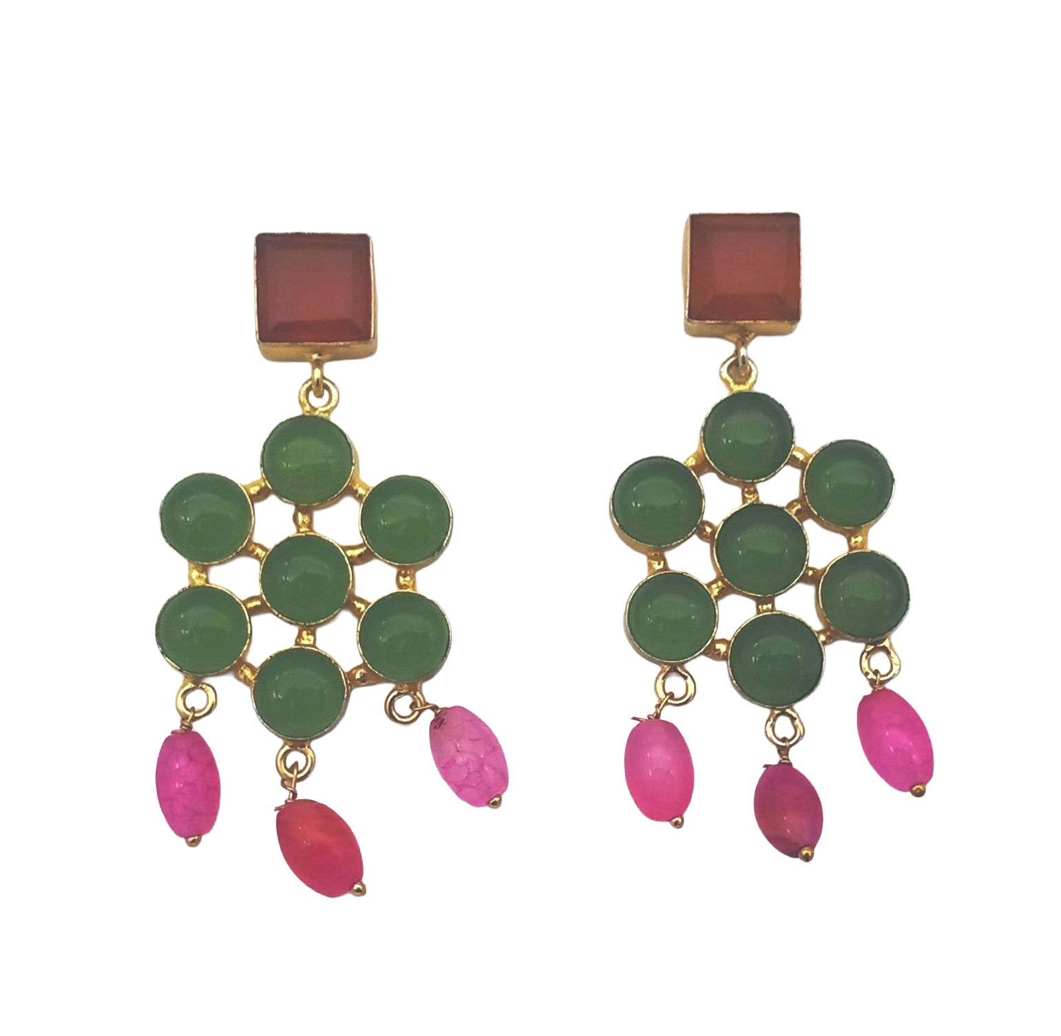 Amazing Gold Plated Prehnite-Carnelian-Pink Glass Beads Charming  Designer Dangle Drop Earrings