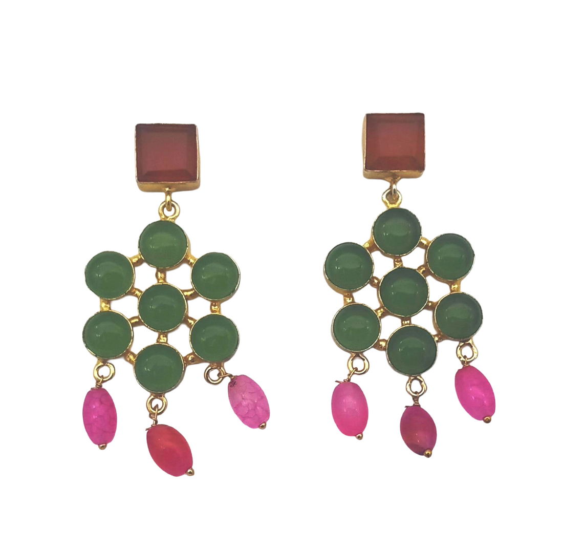 Amazing Gold Plated Prehnite-Carnelian-Pink Glass Beads Charming  Designer Dangle Drop Earrings