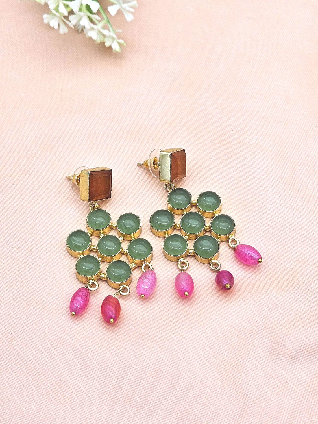 Amazing Gold Plated Prehnite-Carnelian-Pink Glass Beads Charming  Designer Dangle Drop Earrings