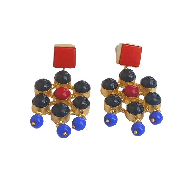 Amazing Gold Plated Red & Black Glass Stones Charming  Designer Dangle Drop Earrings